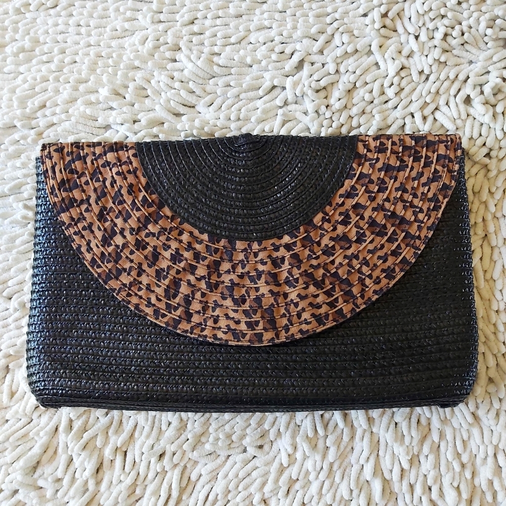Caterina Bertini black & leopard print straw clutch purse